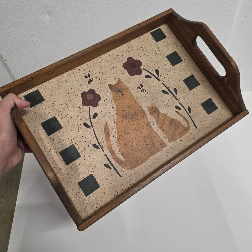 Vintage Primitive Folk Art Wooden Cat Serving Tray Farmhouse Decor Hand Painted